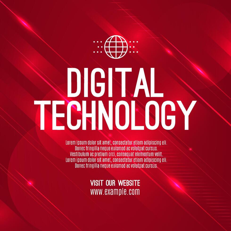 Digital technology social post banner sale template red background, abstract cyber information communication, innovation future tech data, internet network connection, Ai big data illustration vector