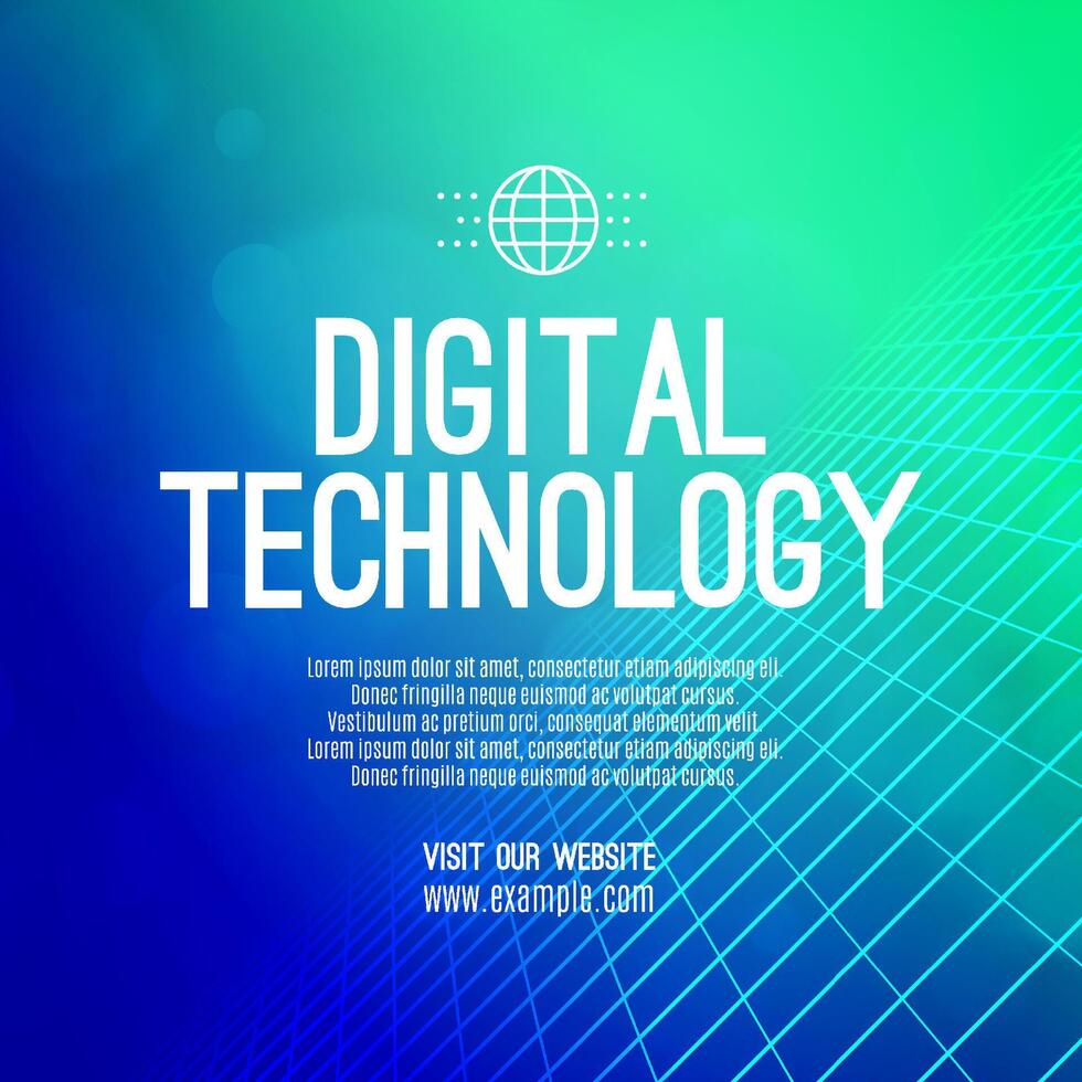 Digital technology social post banner sale template green blue background, abstract cyber information communication, innovation future tech data, internet network connection, Ai big data illustration vector