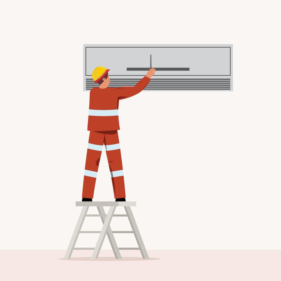 Technician in helmet repairing air conditioner on ladder vector