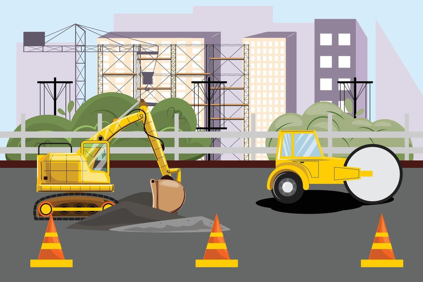Construction site illustration featuring excavator, roller, cones, and background buildings, crane vector