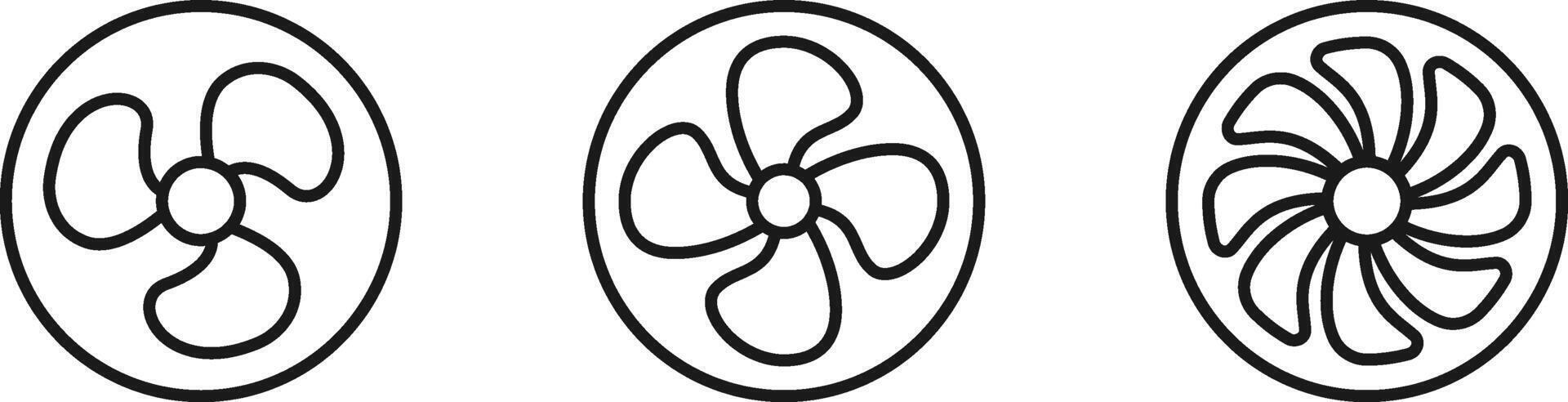 Fan propeller blades icon. Rotation of three, four and eight bladed turbines. vector