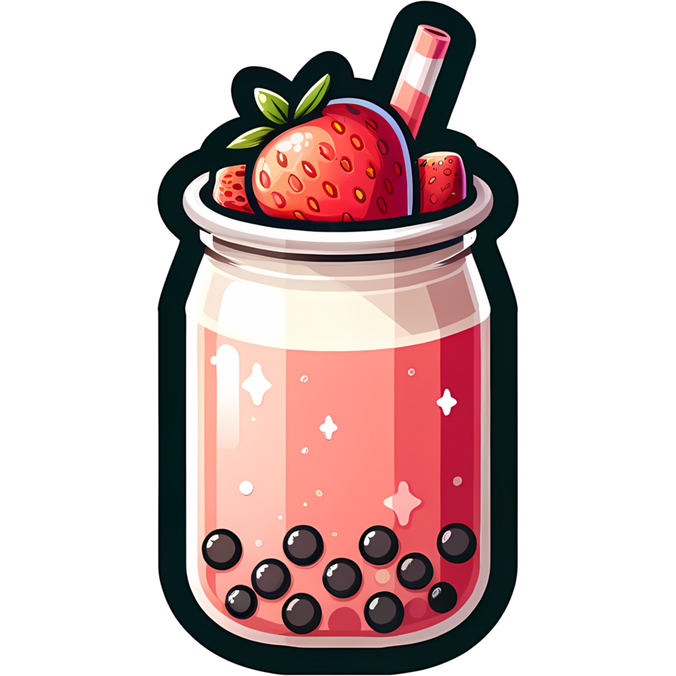 Colorful illustration of a strawberry bubble tea in a cute mason jar with boba pearls and a straw. Ideal for food and beverage themes. png