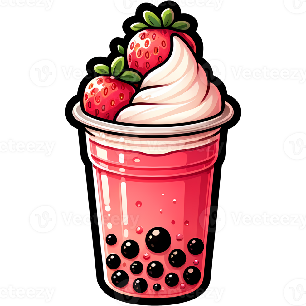 Colorful illustration of a strawberry bubble tea with whipped cream and tapioca pearls. Perfect for food and beverage designs png
