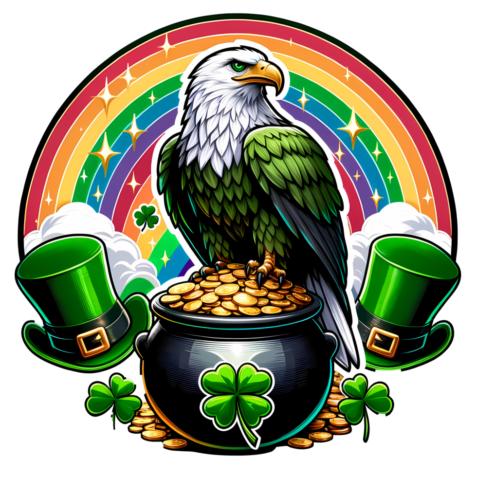 Eagle with pot of gold coins and clover on rainbow background illustration png