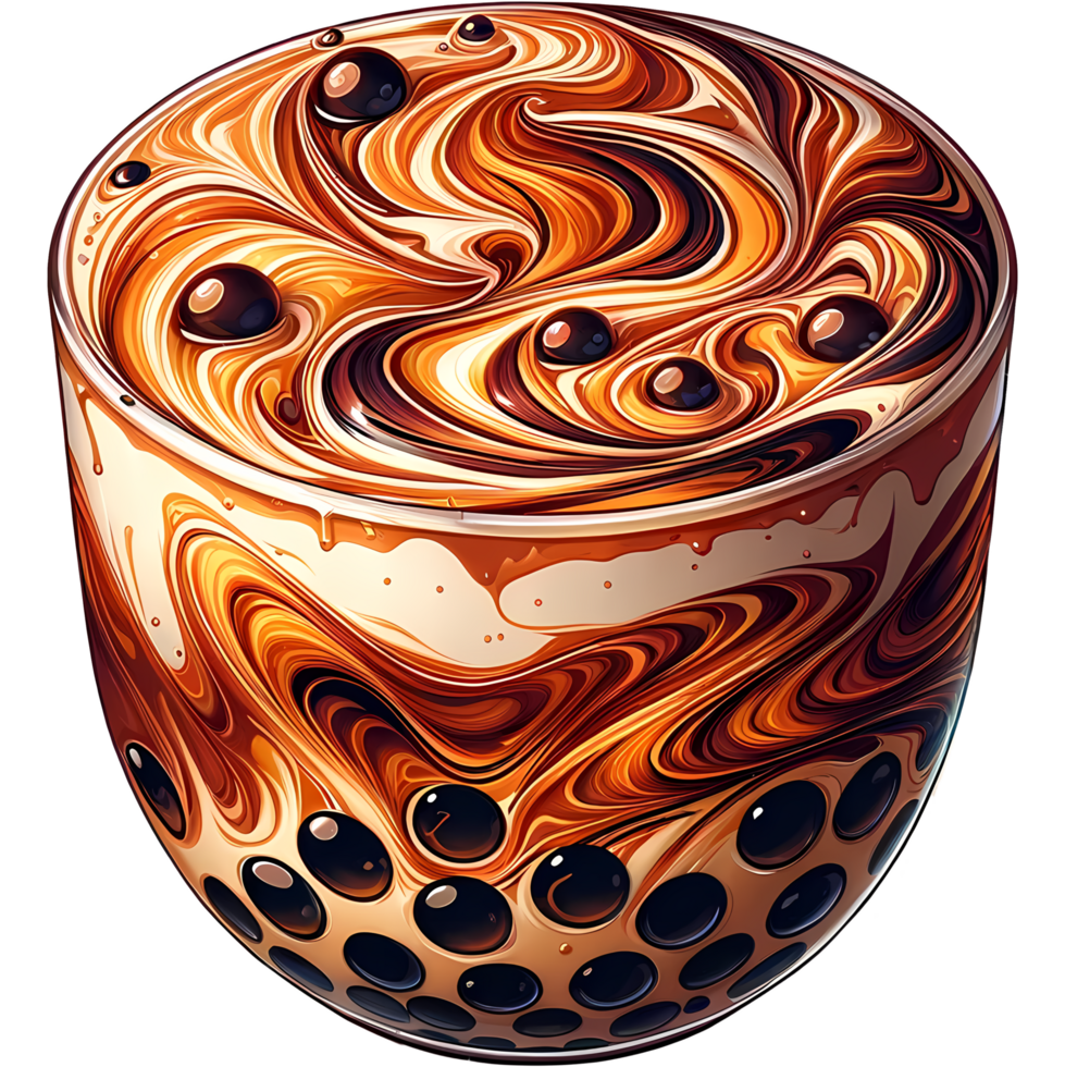Delicious bubble tea with caramel swirls and tapioca pearls in a clear cup. Perfect for beverage and dessert lovers. png