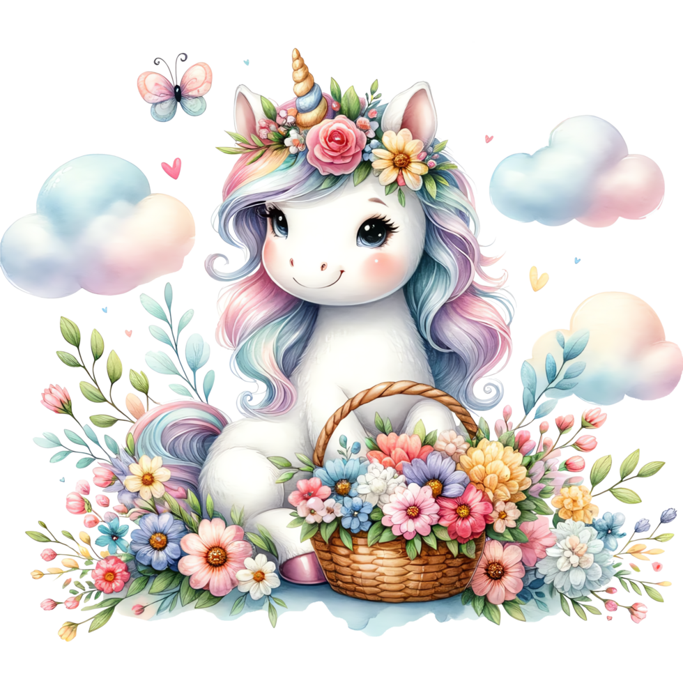 cute cartoon unicorn with a basket of flowers transparent background png