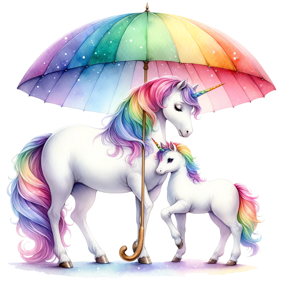 A cute unicorn with rainbow mane and umbrella on a transparent background png