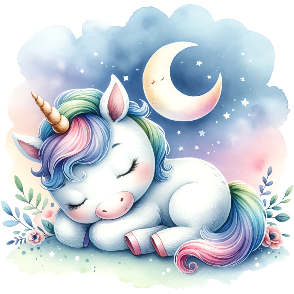 Cute cartoon unicorn on the background of the night sky png