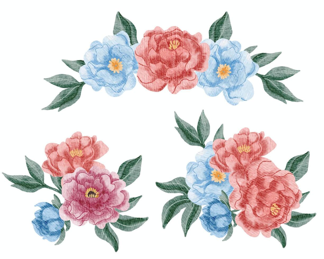 Blue, Pink, and Red Rose Watercolor Flower Arrangement vector