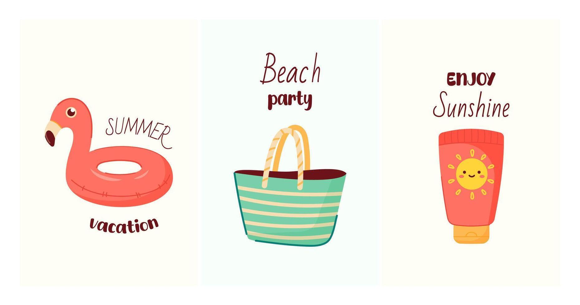 Summer illustration card, poster, banner with summer accessories. Set of templates with beach bag, sunscreen, inflatable ring vector