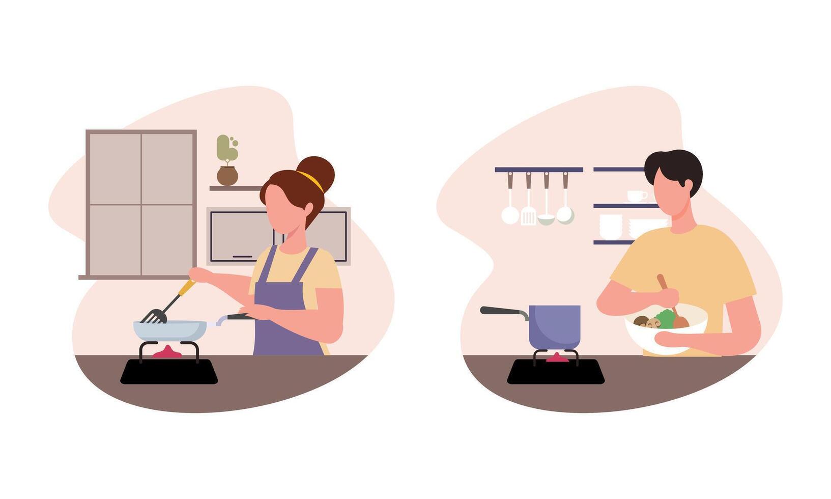 Collection of people cooking in kitchen, serving table, dining together, eating food vector