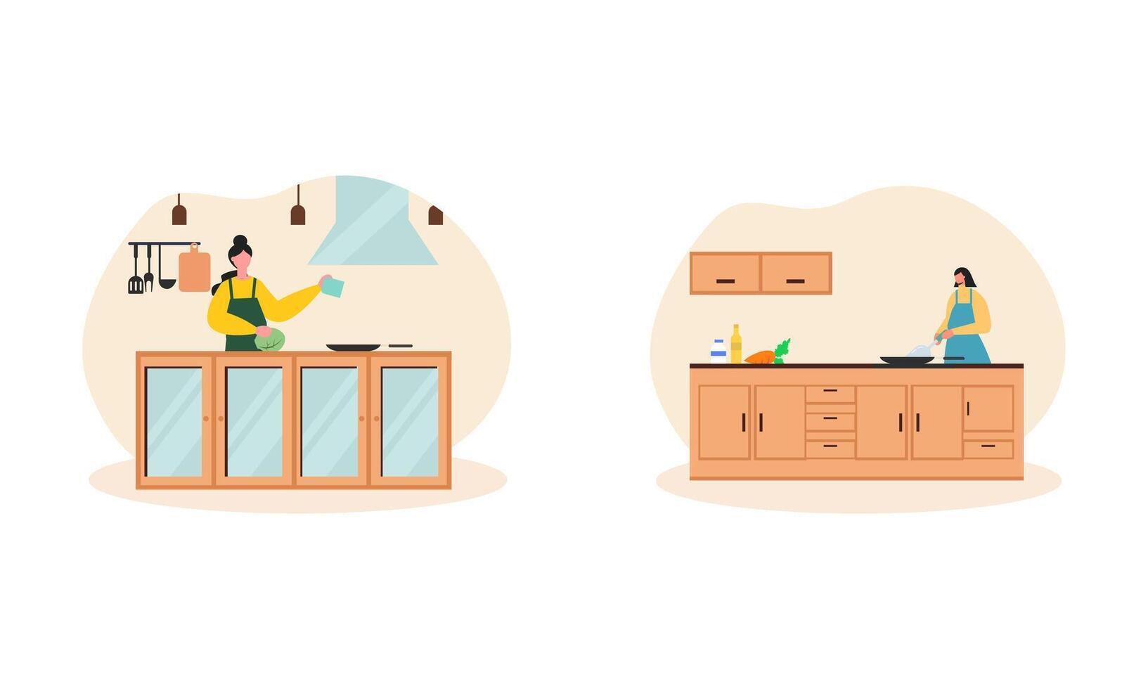 Collection of people cooking in kitchen, serving table, dining together, eating food vector