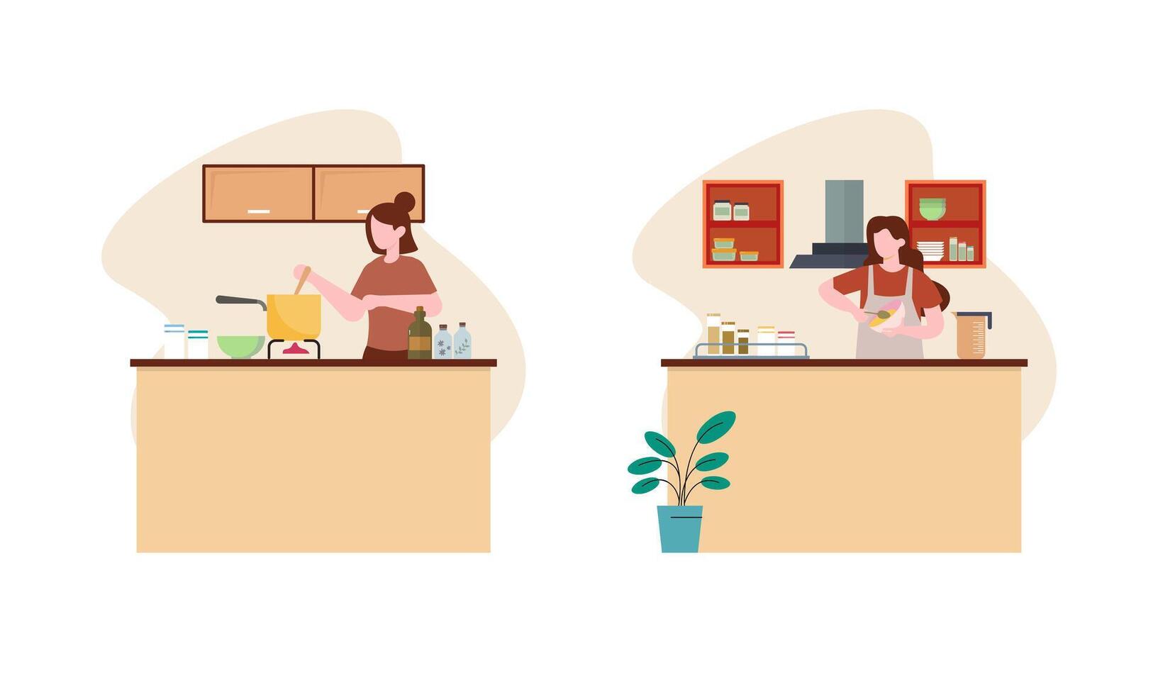 Collection of people cooking in kitchen, serving table, dining together, eating food vector