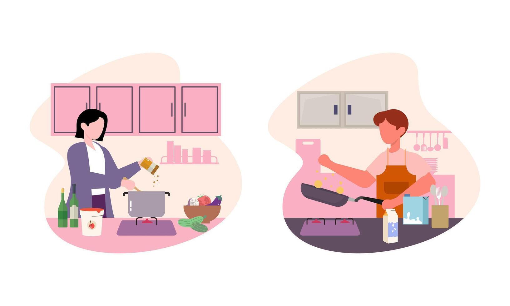 Collection of people cooking in kitchen, serving table, dining together, eating food vector