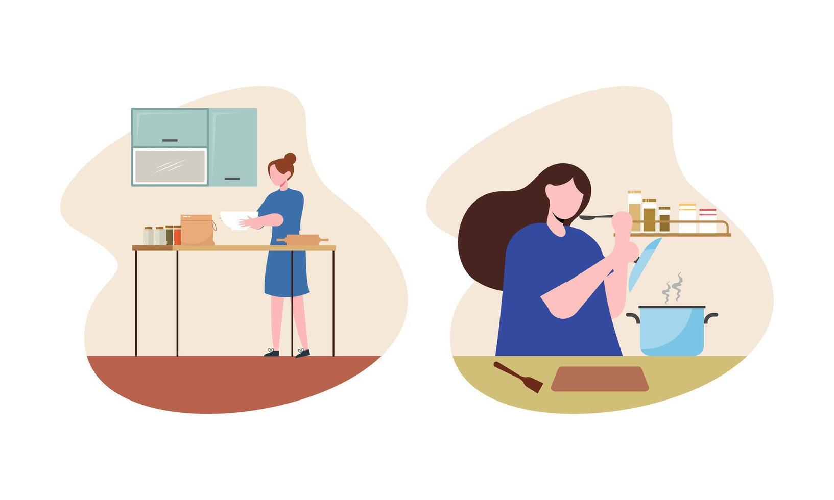 Collection of people cooking in kitchen, serving table, dining together, eating food vector