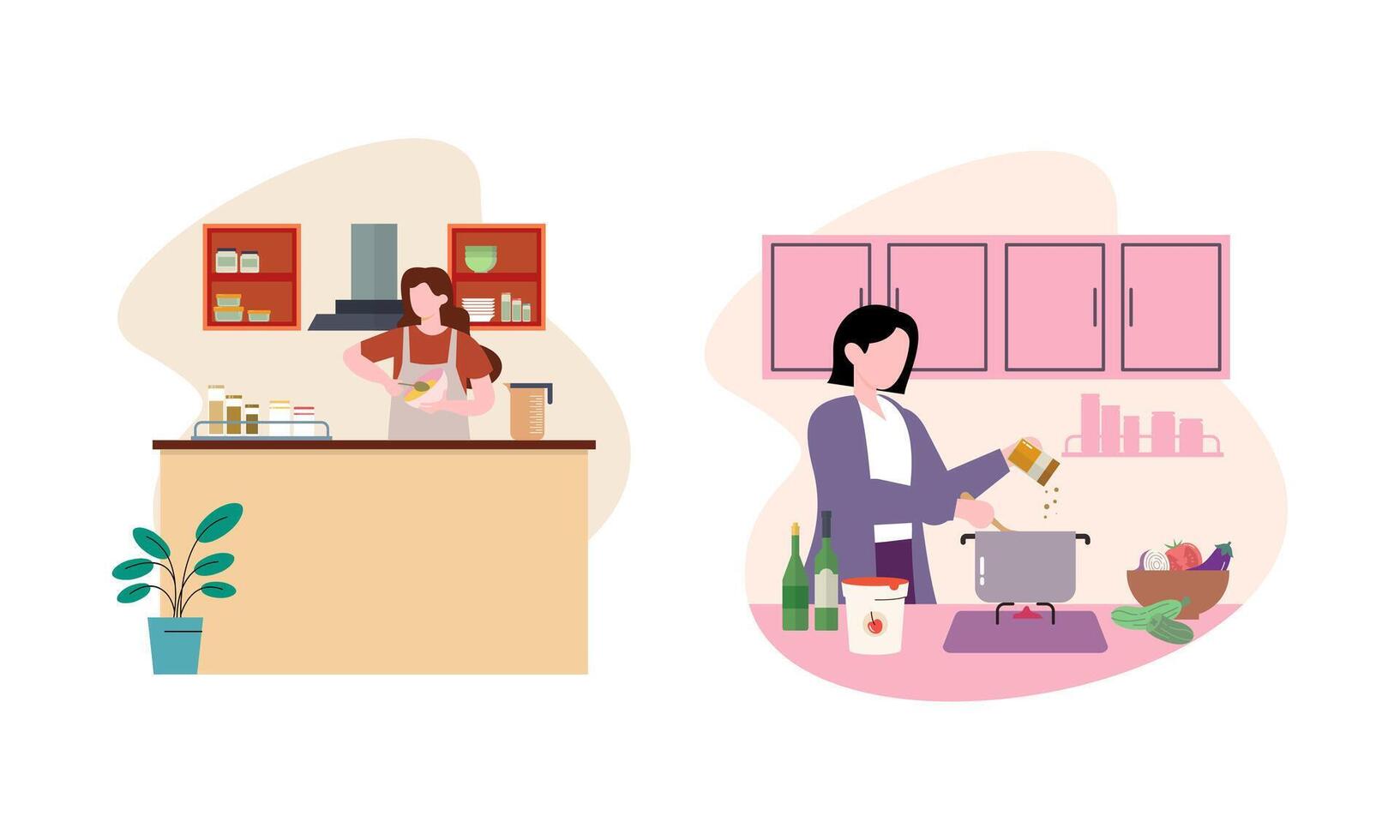 Collection of people cooking in kitchen, serving table, dining together, eating food vector
