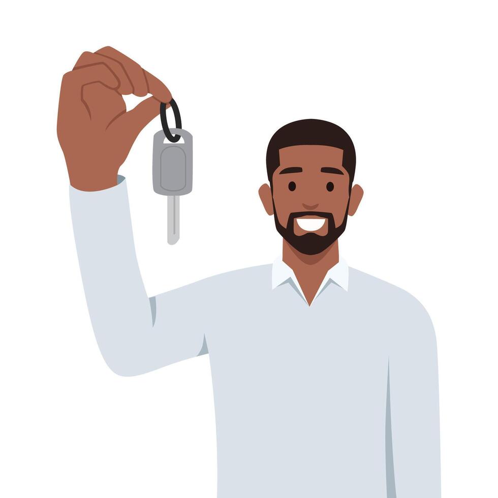Man holding car key as he is just buying a new car or selling cars. vector