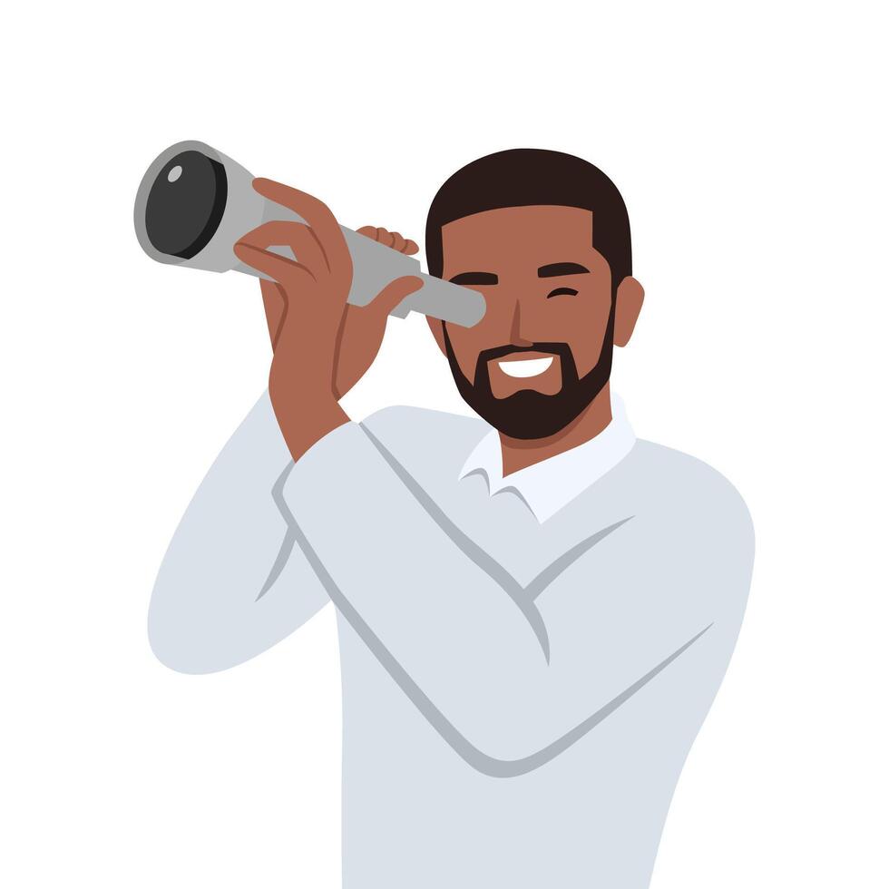 Concentrated businessman looking through the spyglass. vector