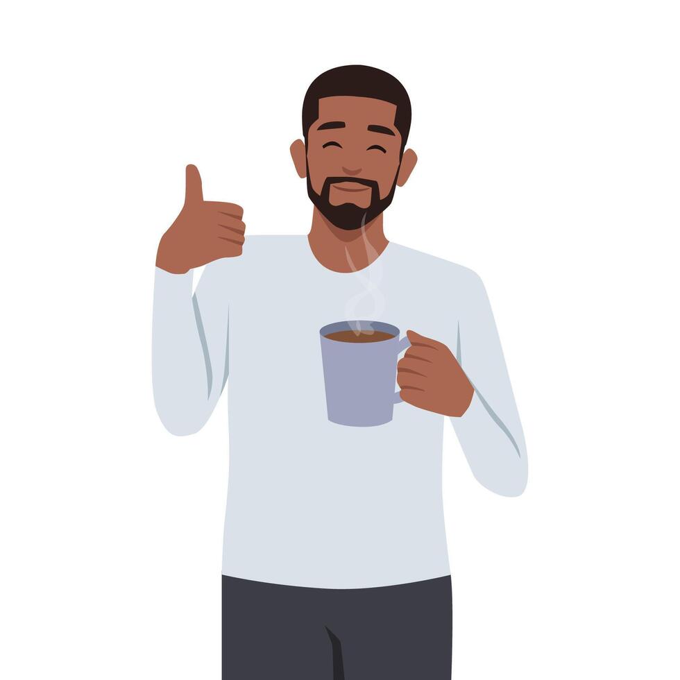 Happy cheerful black man with cup of tea gesturing like. vector