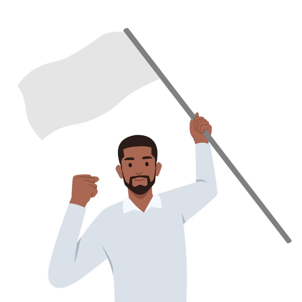 Angry man holding blank or white flag. vector