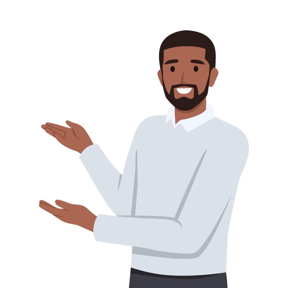 Young man with open hands welcoming people or new member. vector