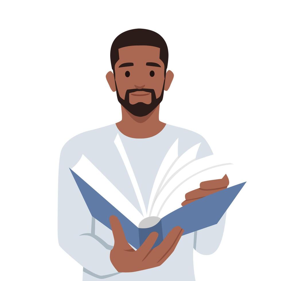 Young black businessman reading a book . vector