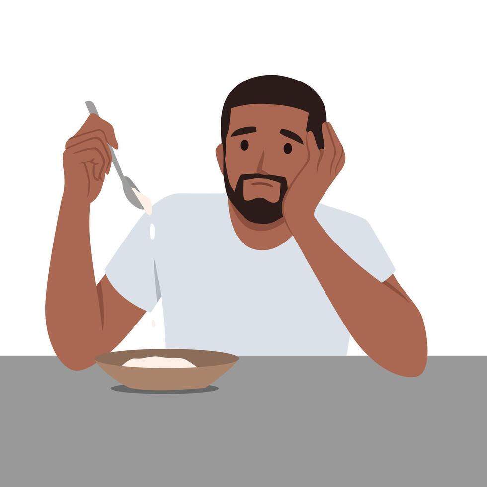 Man follows diet prescribed by doctor. Boy sadly eating vegetarian dish. vector