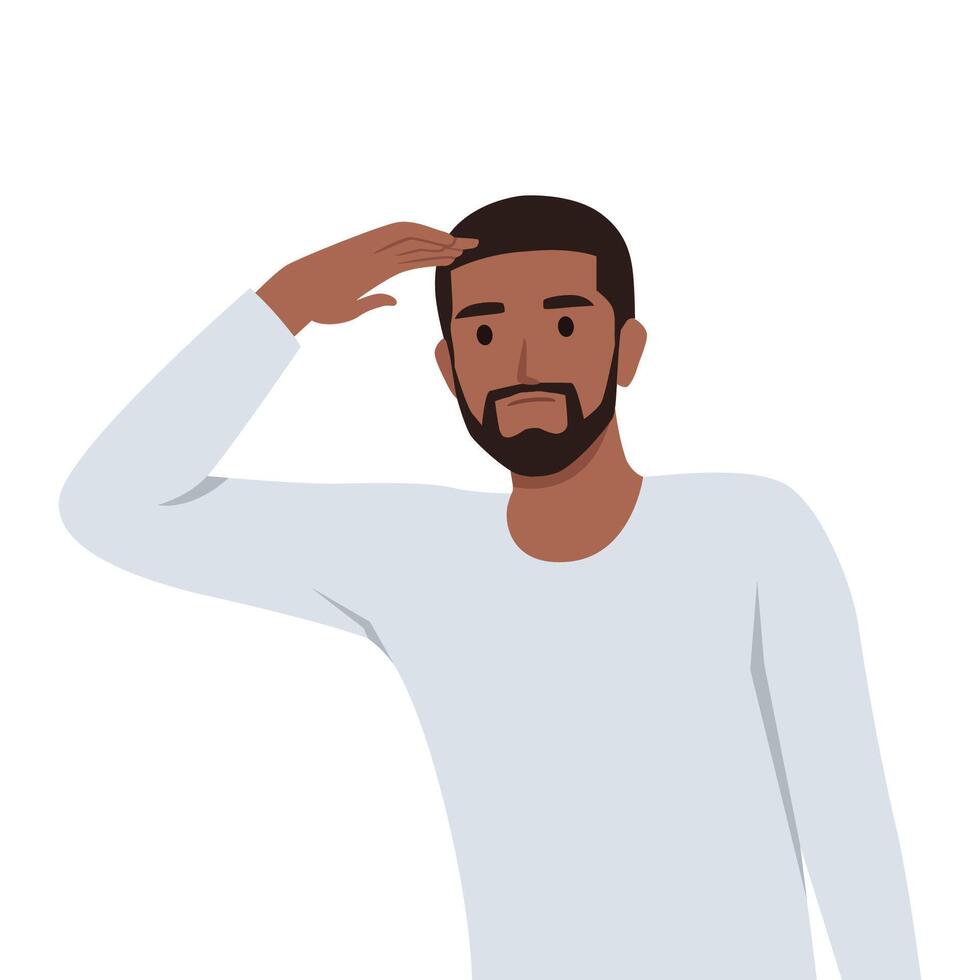 Curious man looking far away with hand over head. vector