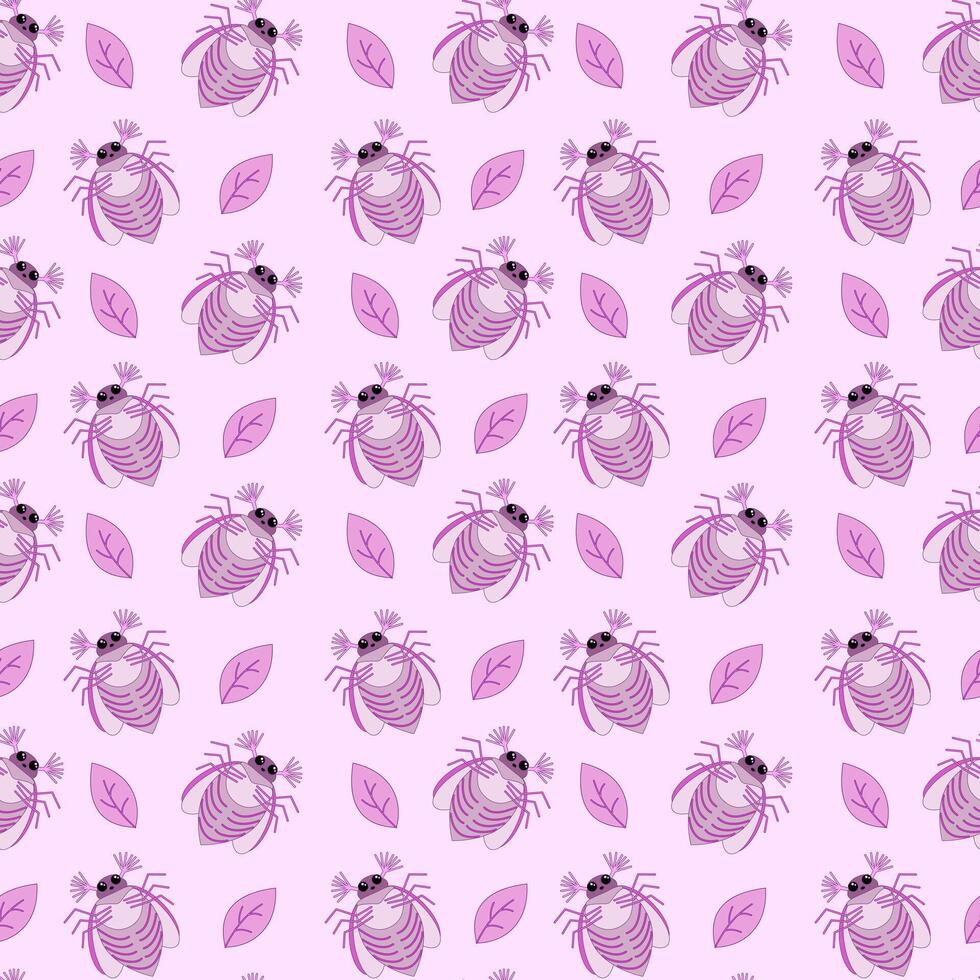 Seamless pattern of pink may bug, chafer and leaves on a pink background. illustration vector