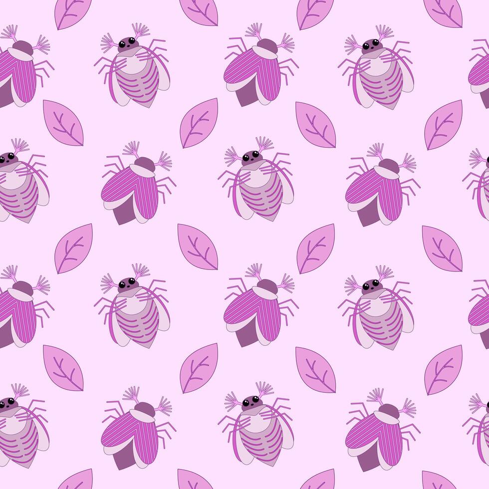 Seamless pattern of pink may bug, chafer and leaves on a pink background. illustration vector