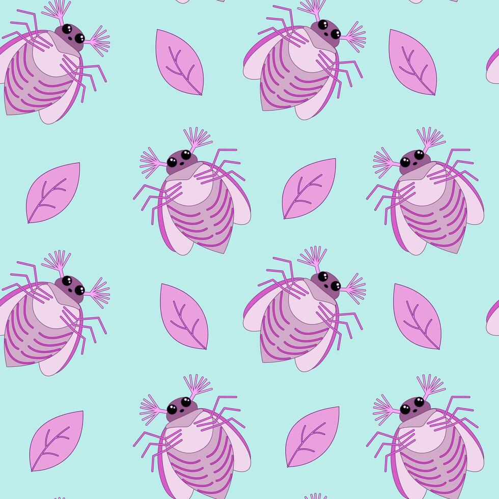 Seamless pattern of pink may bug, chafer and leaves on a blue background. illustration vector