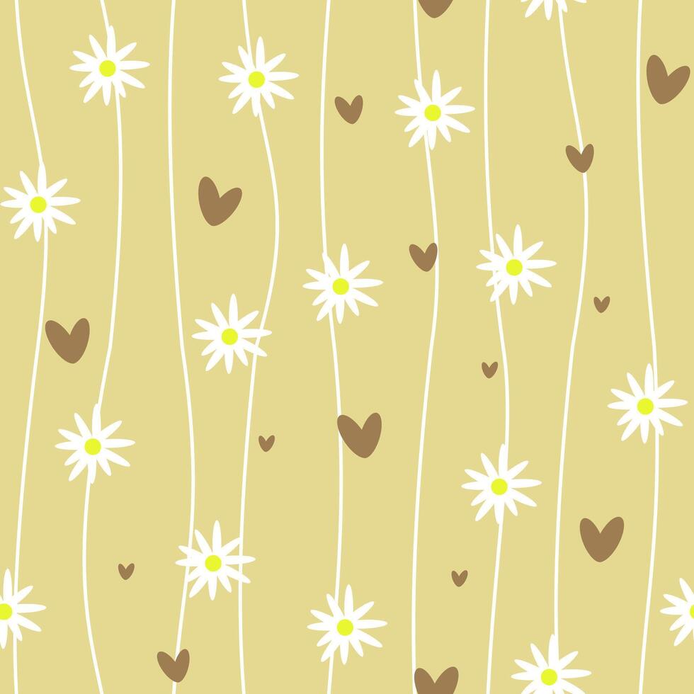 Seamless pattern with daisy flowers and hearts in a beige color palette. illustration vector