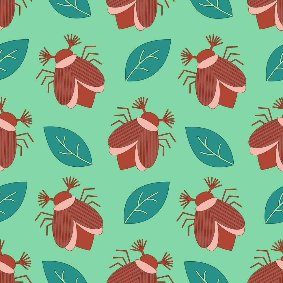 Seamless pattern of may bug, chafer and leaves on a green background. illustration vector