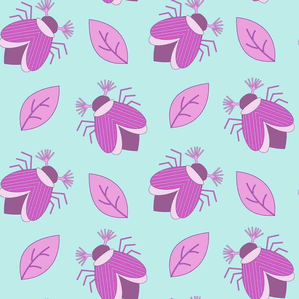 Seamless pattern of pink may bug, chafer and leaves on a blue background. illustration vector