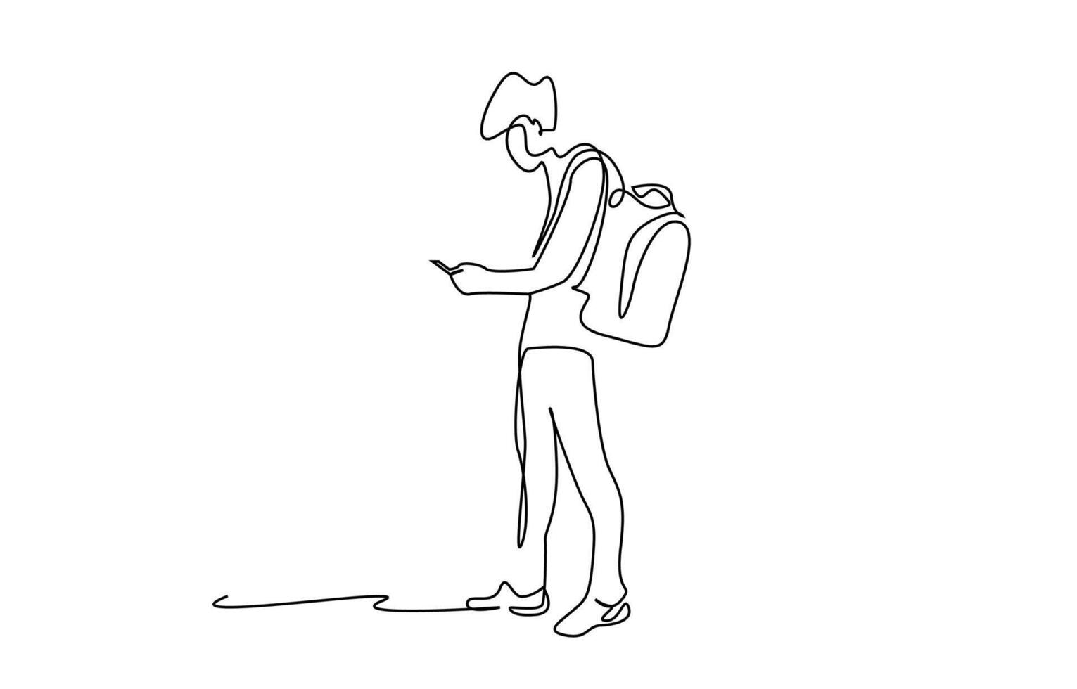 young male student with backpack university school using phone full length body line art vector