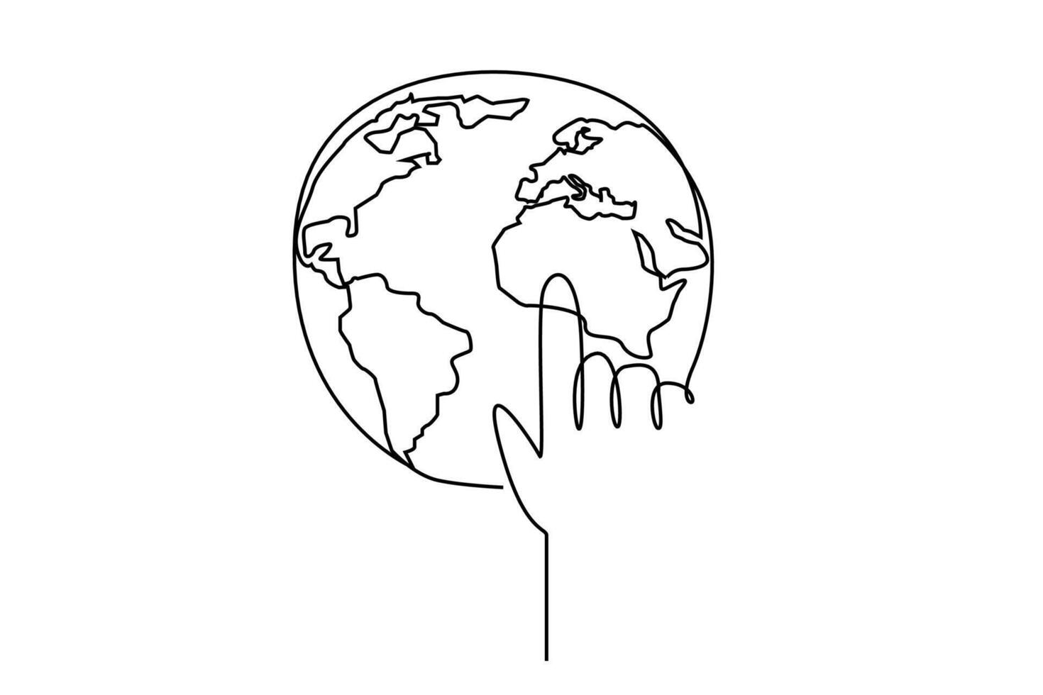 one human hand index finger touching world globe earth map line art vector