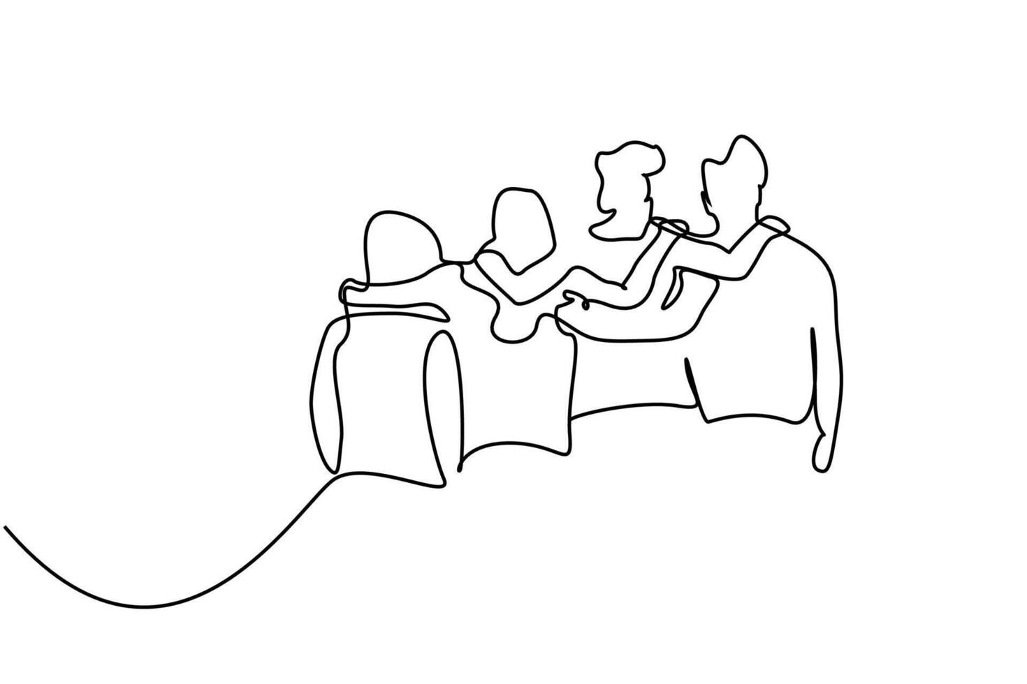 happy young group of friends people selling together back rear behind view line art vector