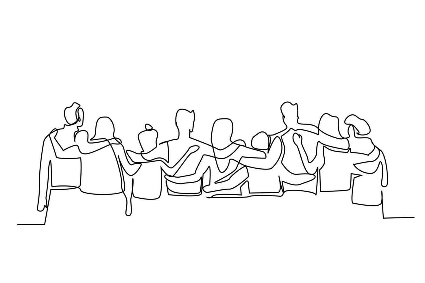 young female male people team teamwork students hugging walking outside posing happy line art vector