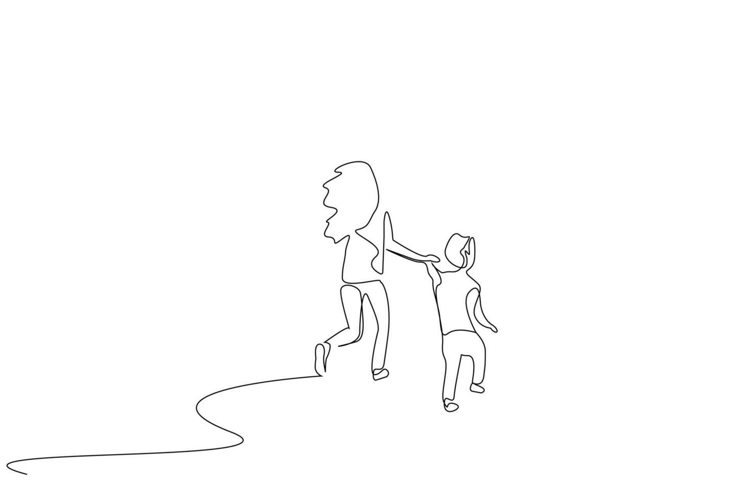 sister little brother running together in nature park one line art design vector