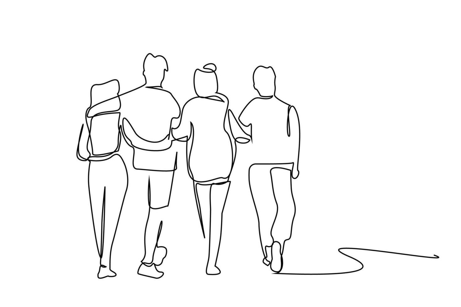 young female male people team teamwork students hugging walking outside posing happy line art vector