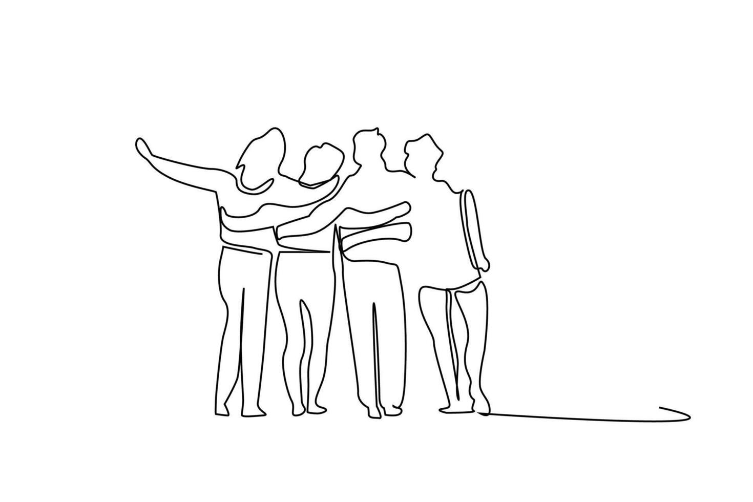 young female male people team teamwork students hugging walking outside posing happy line art vector