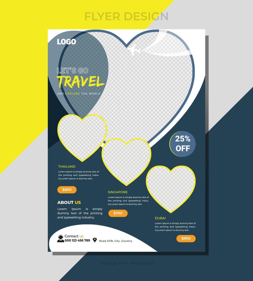 Travel poster or flyer pamphlet brochure design layout space for photo background. Yellow Travel flyer template for travel agency vector
