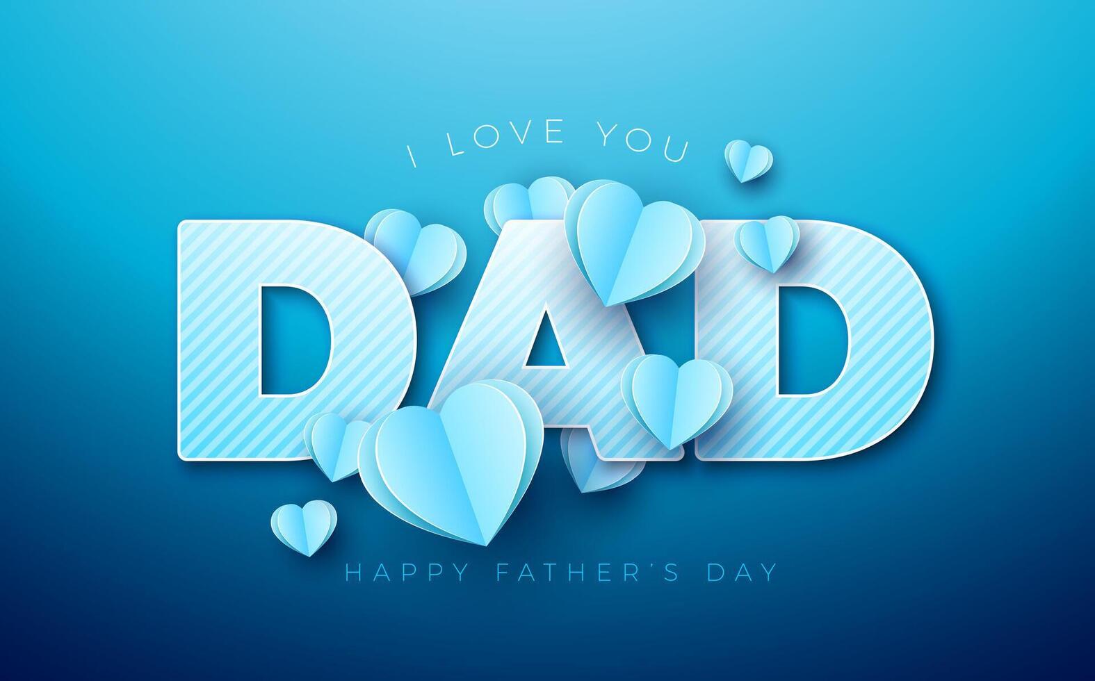 Happy Father's Day Greeting Card Design with Mustache and Flying Paper Heart on Blue Background. Celebration Illustration with I Love You Dad Cut Out Lettering. Template for Postcard, Greeting vector