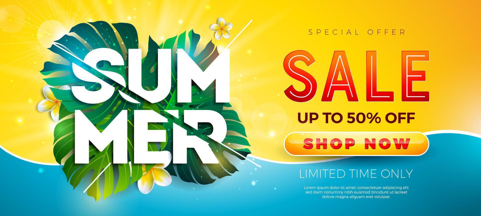 Summer Sale Design with Flower and Exotic Leaves on Yellow and Blue Background. Tropical Floral Beach Holiday Illustration with Special Offer Typography for Coupon, Voucher, Banner, Flyer vector