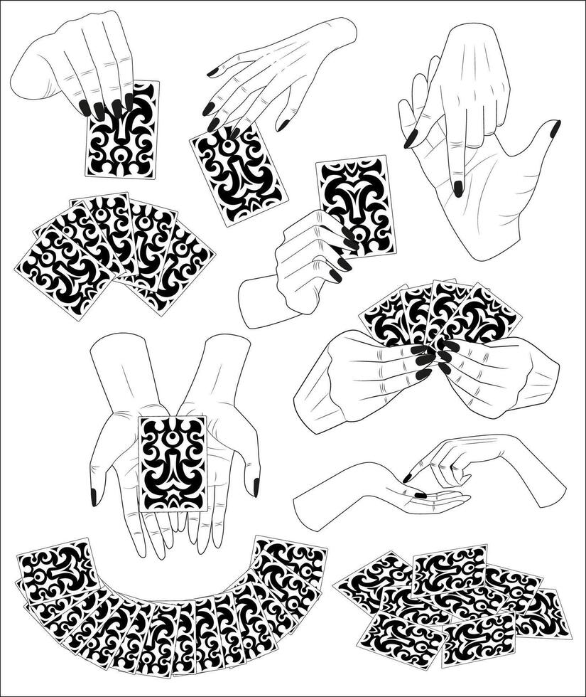 Hand drawn design set with tarot cards in hands of fortune teller. Tattoo, poster or altar print concept, esoteric, wicca and gothic background vector