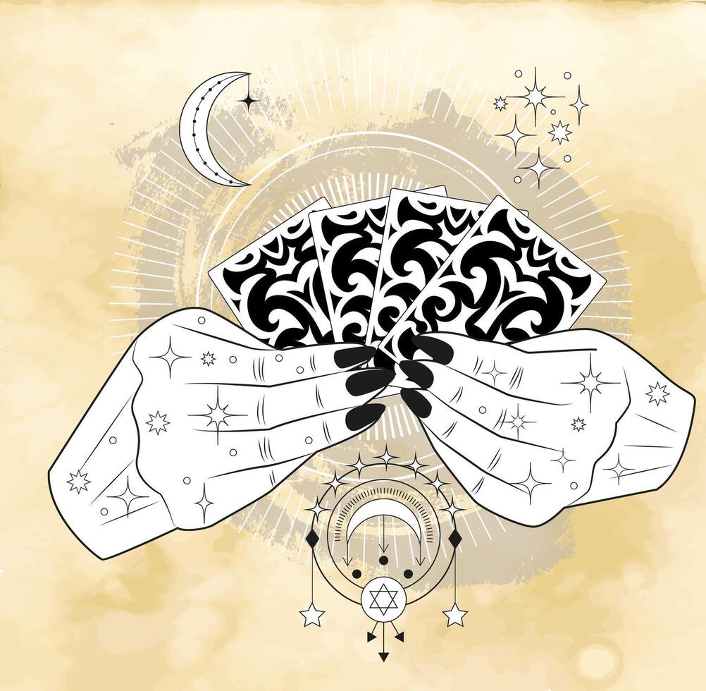 Hand drawn illustration with tarot cards and mystic symbols in hands of fortune teller or witch. Tattoo, poster or altar print design concept, esoteric, wicca and gothic background vector
