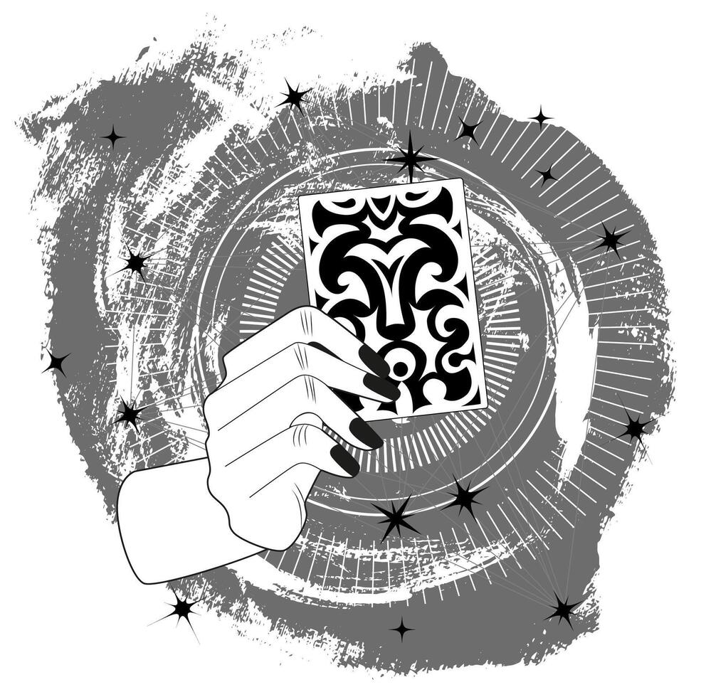 Hand drawn illustration with tarot card in hand of fortune teller or witch against stars and texture. Tattoo, poster or altar print design concept, esoteric, wicca and gothic background vector