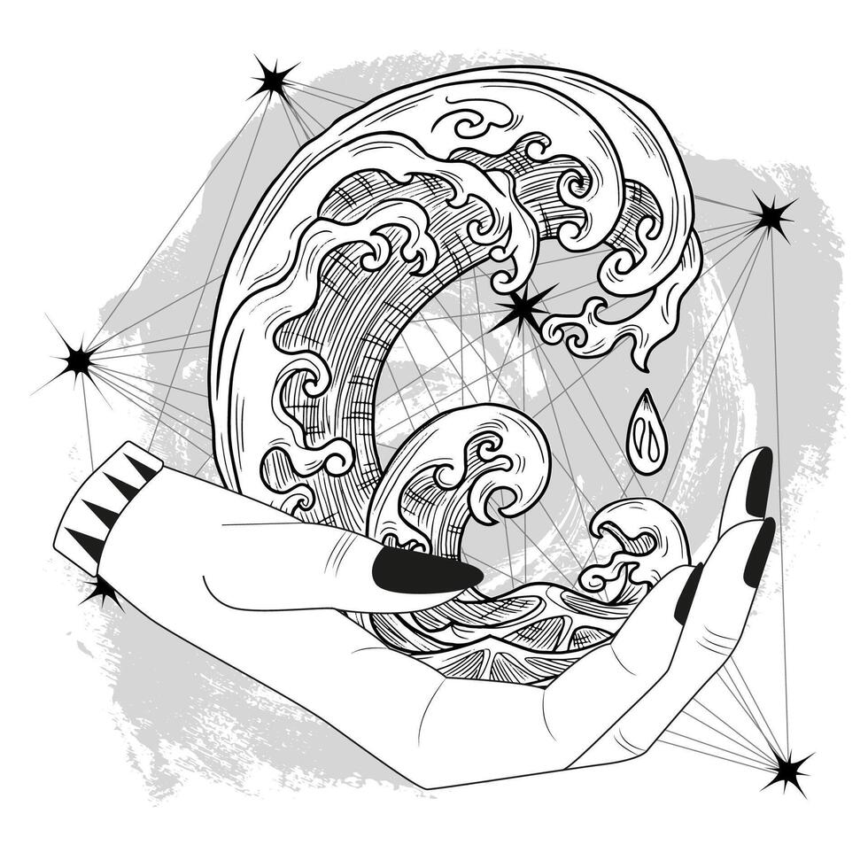 Hand drawn illustration with water wave and witchy mystical symbols in hands of fortune teller or witch. Tattoo, poster or altar print design concept, esoteric, wicca and gothic background vector