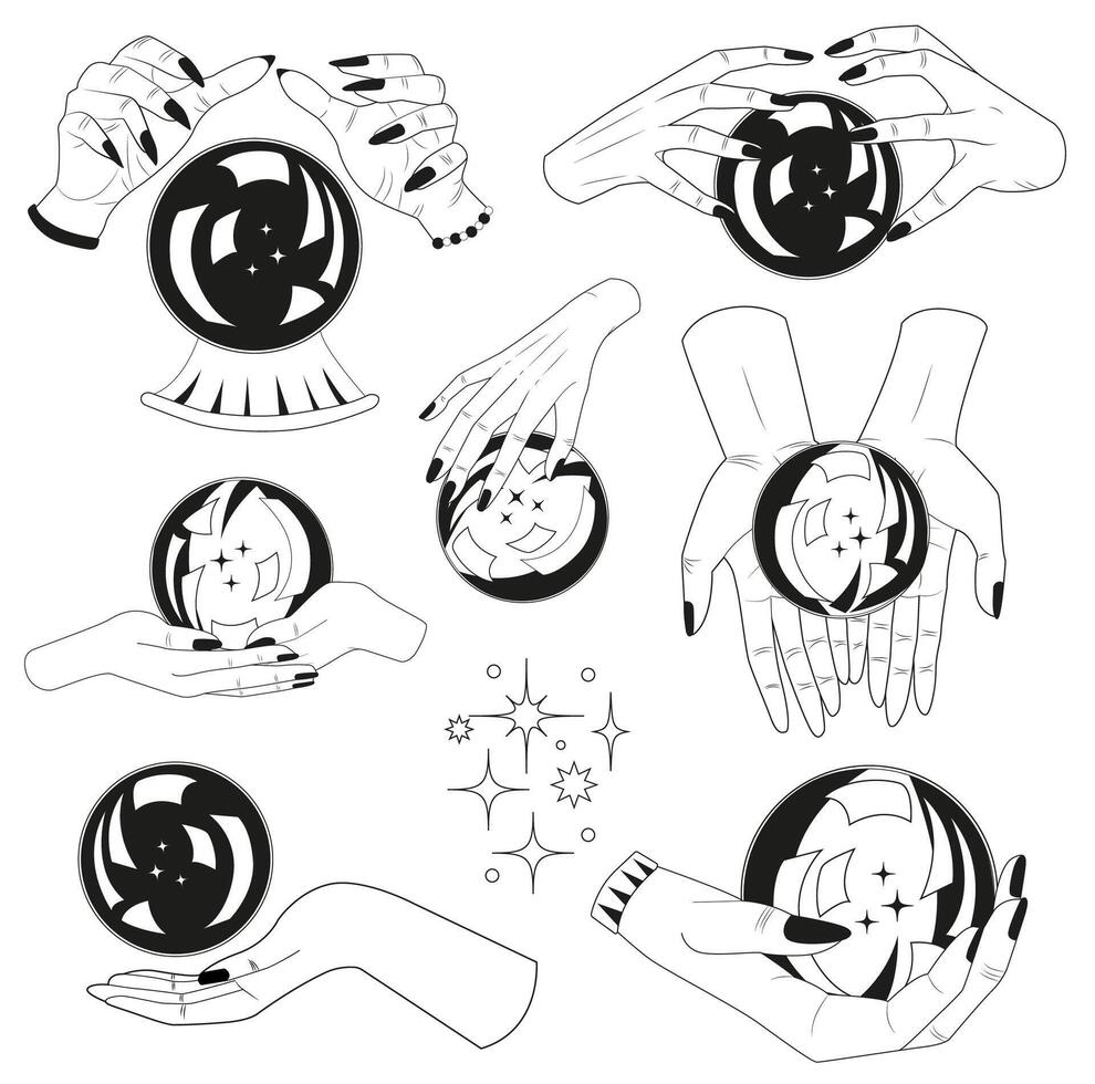 Hand drawn design set witchy magic crystal ball in hads of fortune teller. Tattoo, poster or altar print concept, esoteric, wicca, occult and gothic background vector