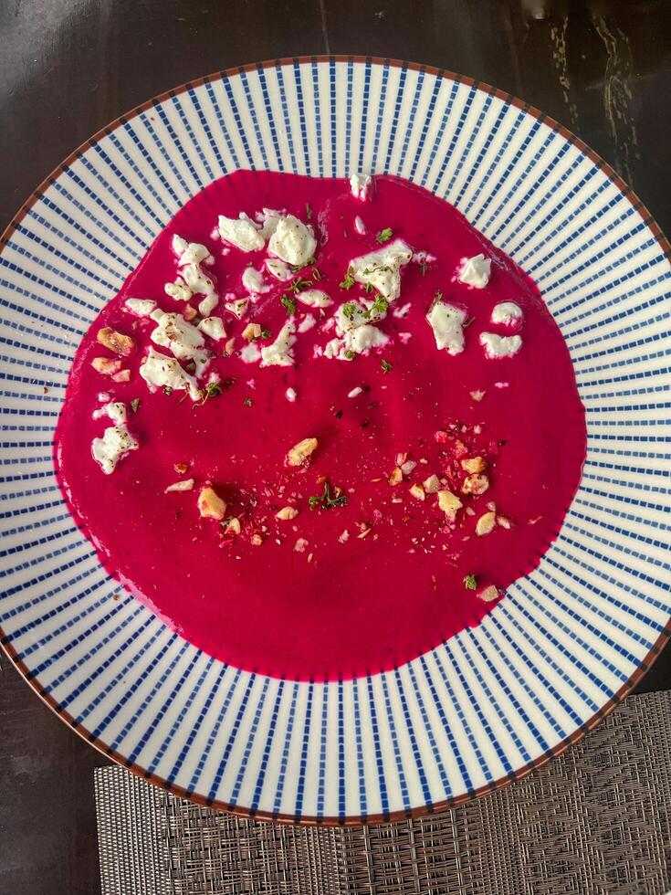 Bright Red Beetroot Dip in a White Plate photo